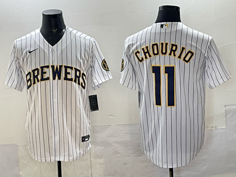 Men's Milwaukee Brewers #11 Jackson Chourio White Pinstripe 2025 With Patch Stitched Baseball Jersey Men's Milwaukee Brewers #11 Jackson Chourio White Pinstripe 2025 With Patch Stitched Baseball Jersey